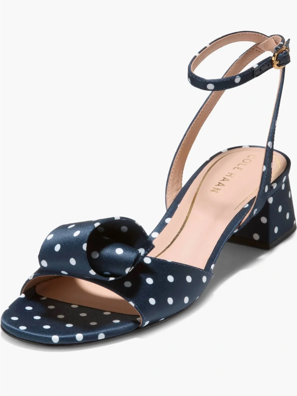 NWOT Cole Hann Fanya Florette Sandal Heels In Navy White Polka Dot Satin Sz 9 -